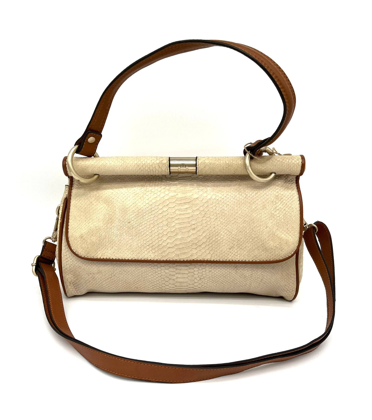 Rare Vintage Etienne Aigner Leather Handbag Crocodile Embossed Beige and Tan - TheRealThreads