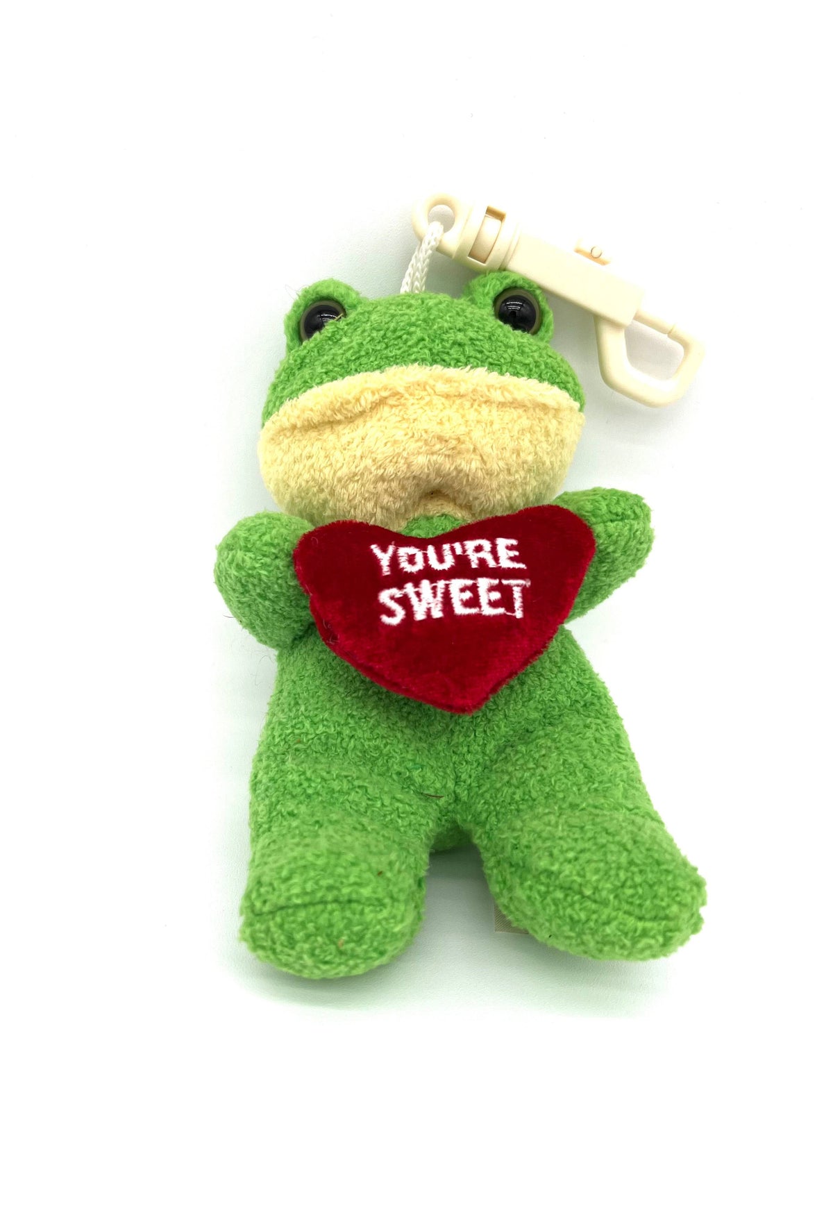 Green and Yellow Hangable Frog With Heart That Says "You're Sweet" White Clip - TheRealThreads