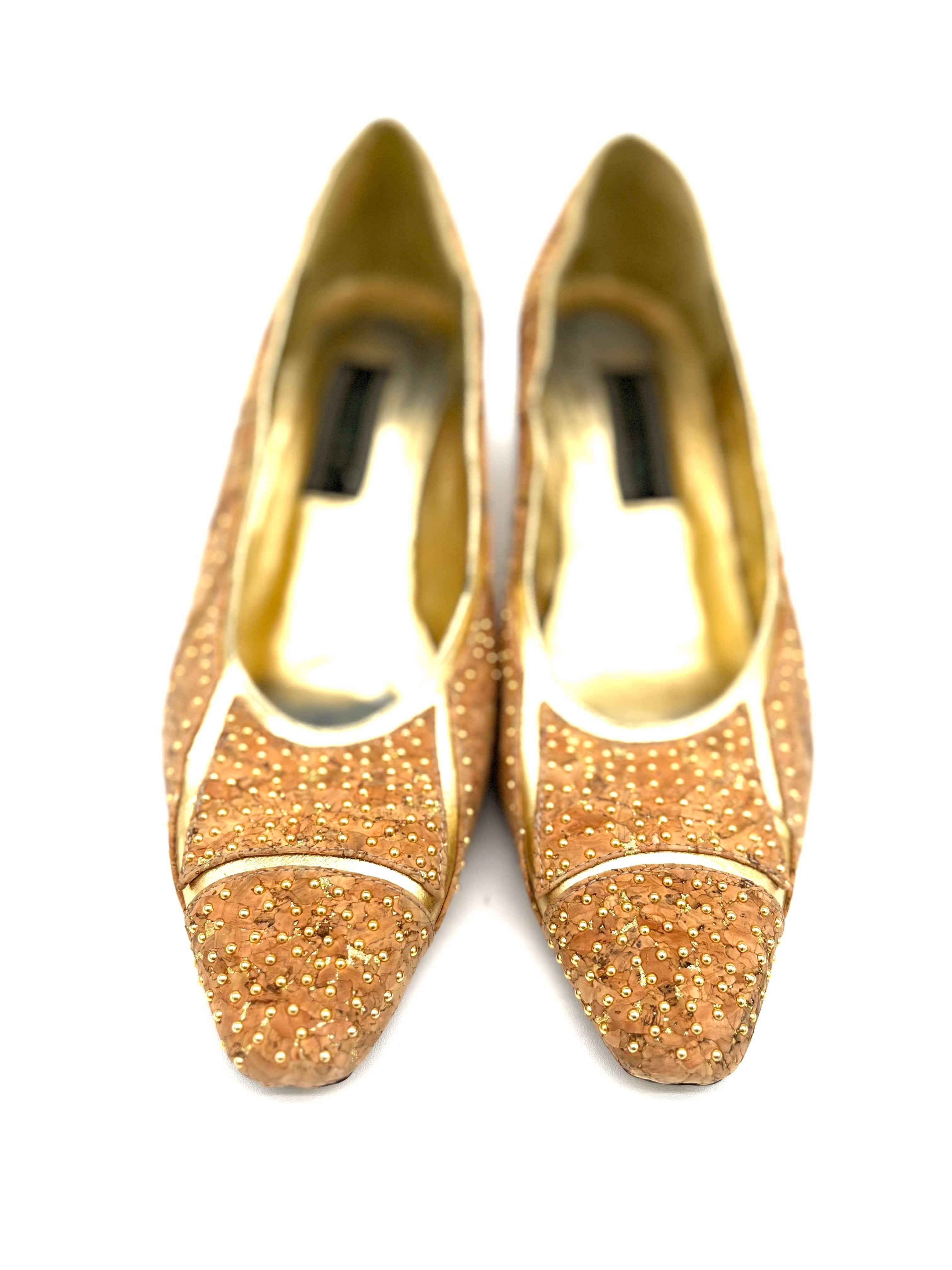 Womens Unique Cork Shoes Size 8.5 Gold and Tan 2" Heels By J. Renee - TheRealThreads