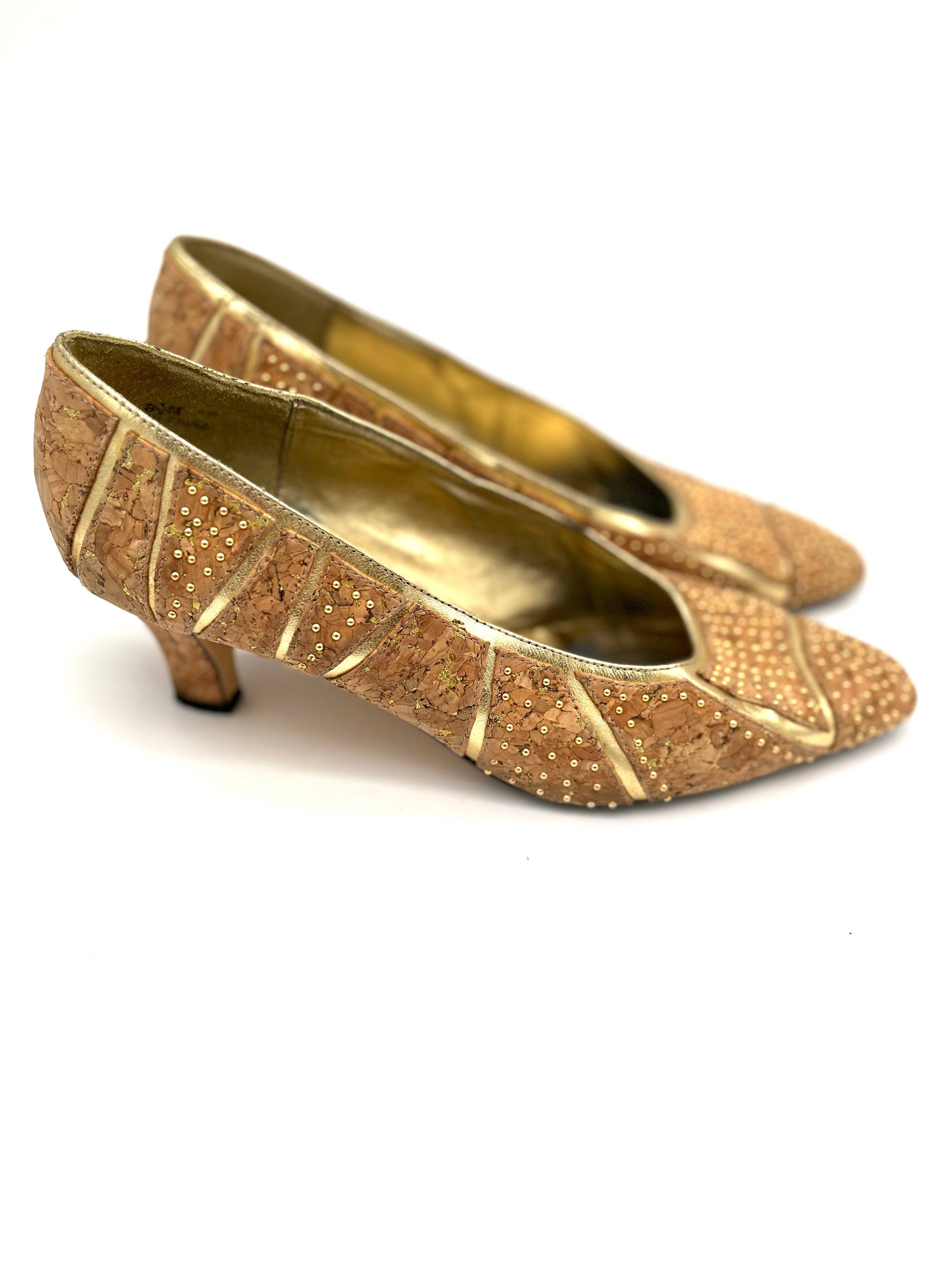 Womens Unique Cork Shoes Size 8.5 Gold and Tan 2" Heels By J. Renee - TheRealThreads