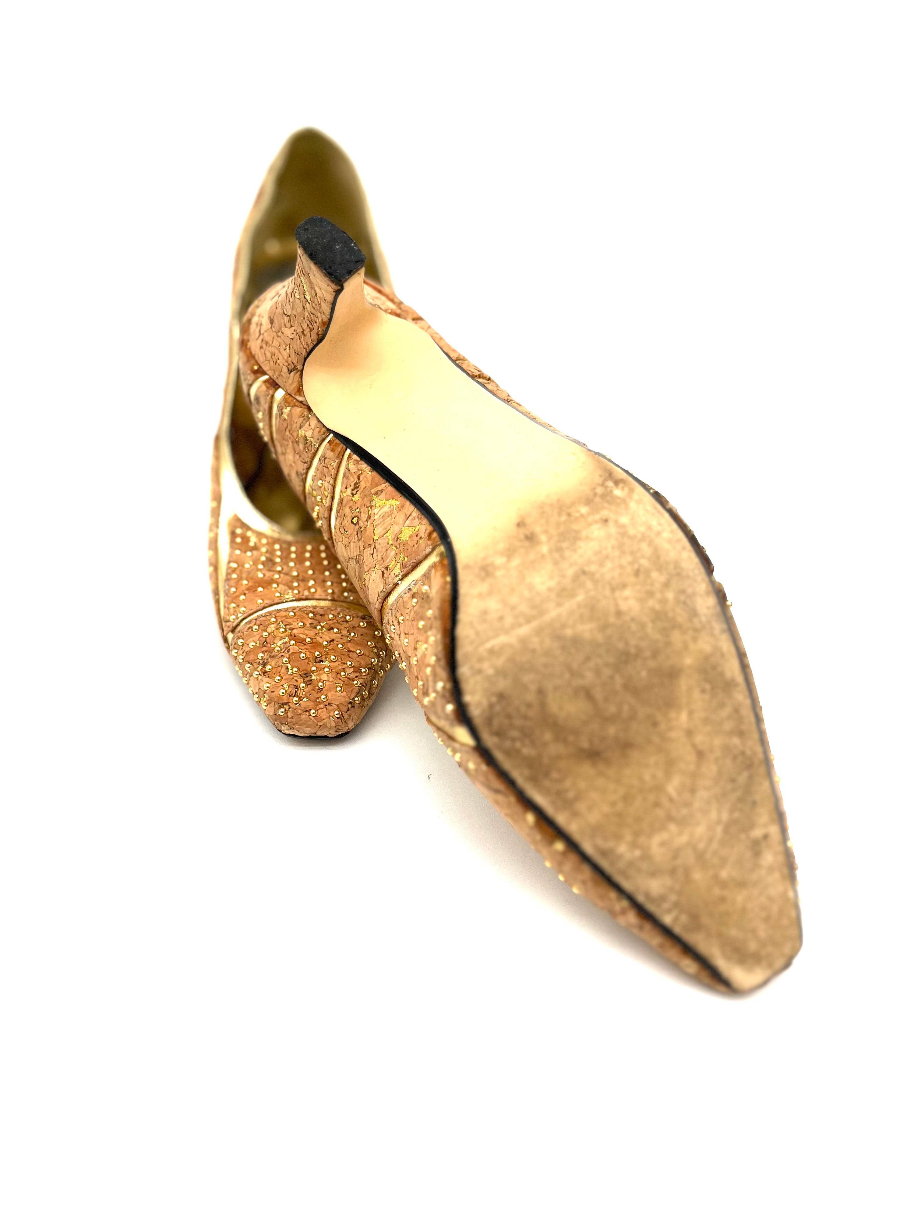 Womens Unique Cork Shoes Size 8.5 Gold and Tan 2" Heels By J. Renee - TheRealThreads