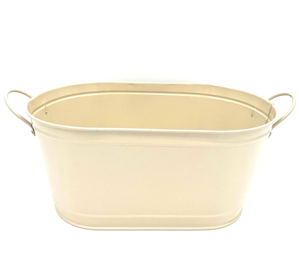 Beige Metal Oblong Container Bucket With Handles Good For Storage Decor & More - TheRealThreads