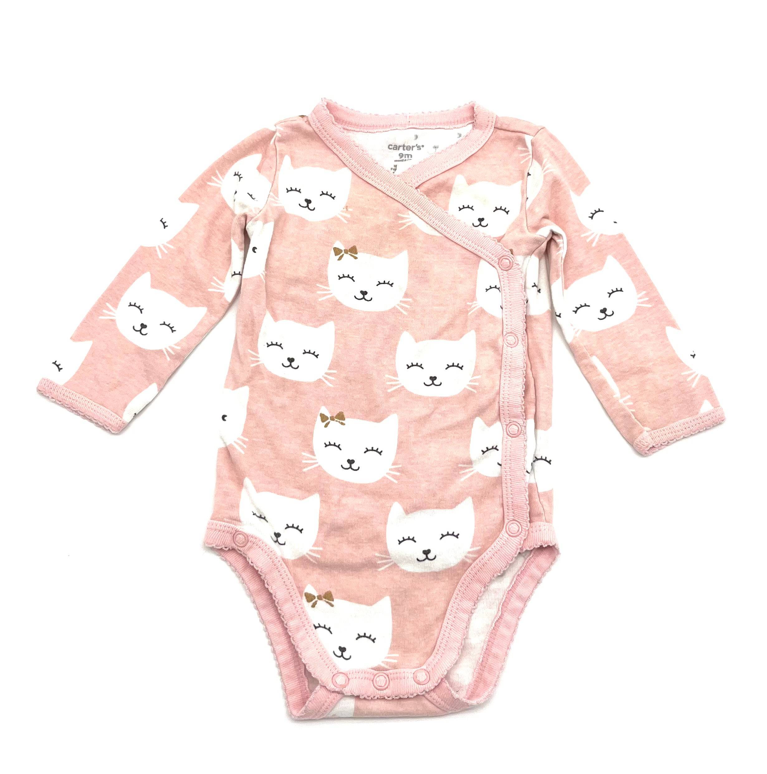 Baby Girls Long Sleeve Onesie By Carter's Size 9 Months Snaps Pink With White Kittens - TheRealThreads