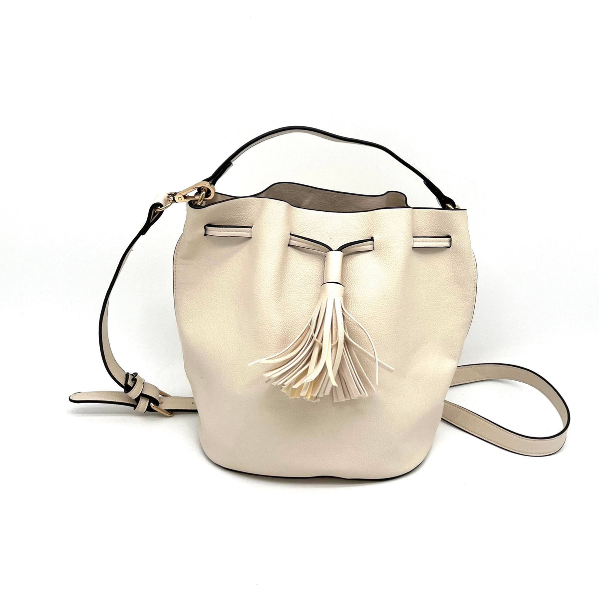 Handbag Beige Bucket Bag By Forever 21 Shoulder Bag Handle Bag Adjustable Strap & Tassels - TheRealThreads