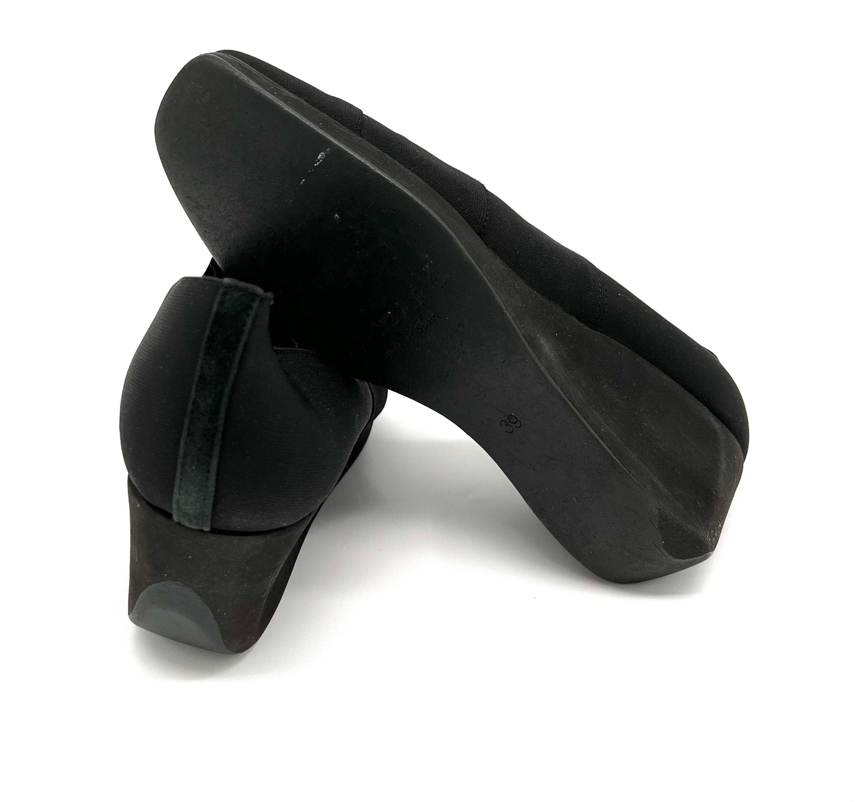 Mascaro Shoes Size 8.5 Black Cloth Wedges With 2.5" Heels Square Toe - TheRealThreads