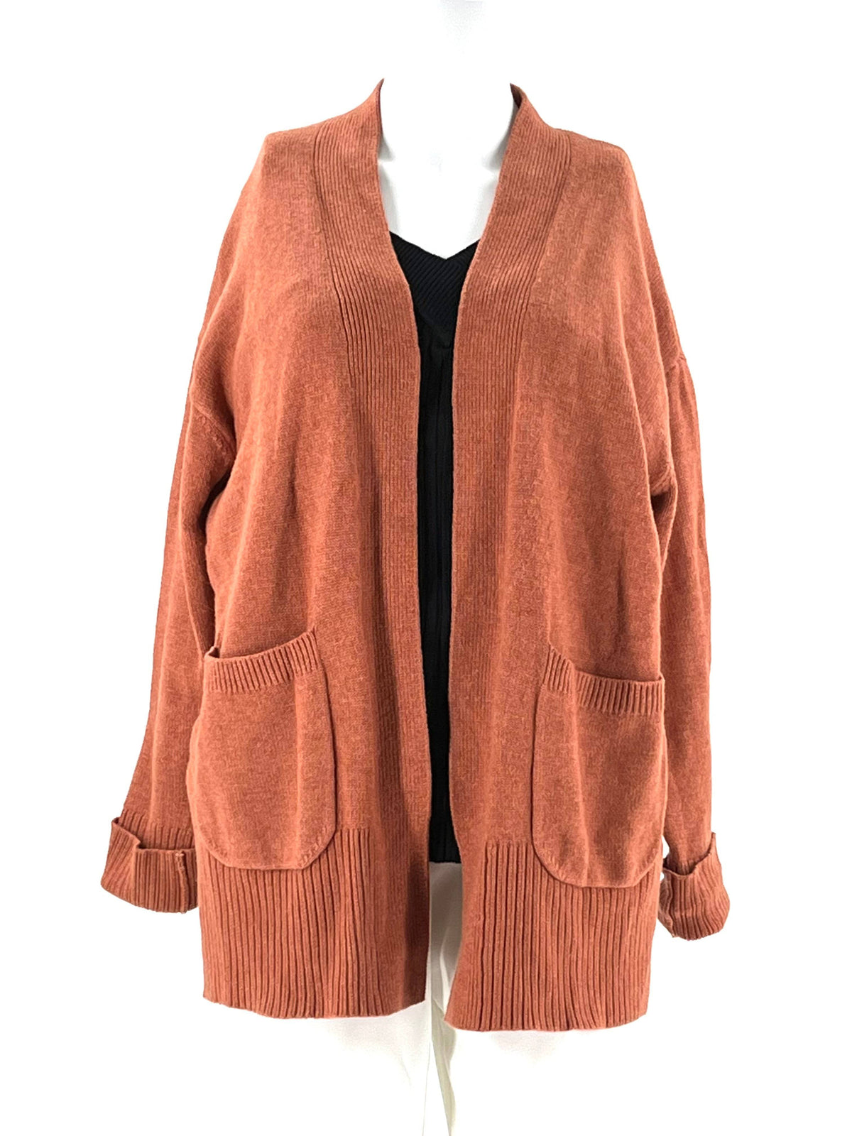 A New Day Orange Cardigan Sweater Size XS With Cuffed Sleeves And Two Front Pockets - TheRealThreads