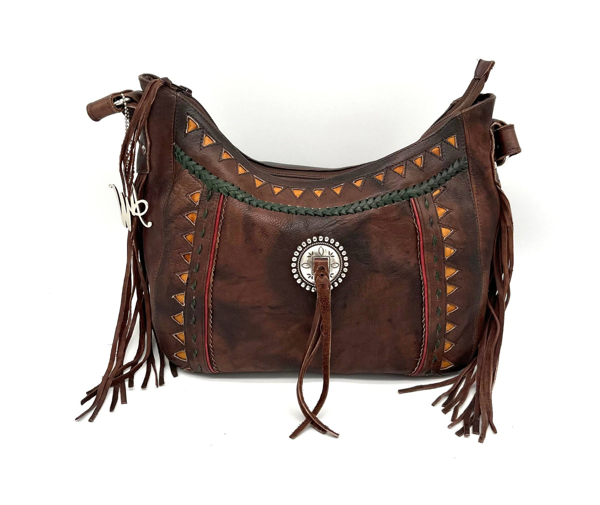 American West Leather Handbag or Shoulder Bag With Fringe, Bag Charm, Adjustable strap - TheRealThreads