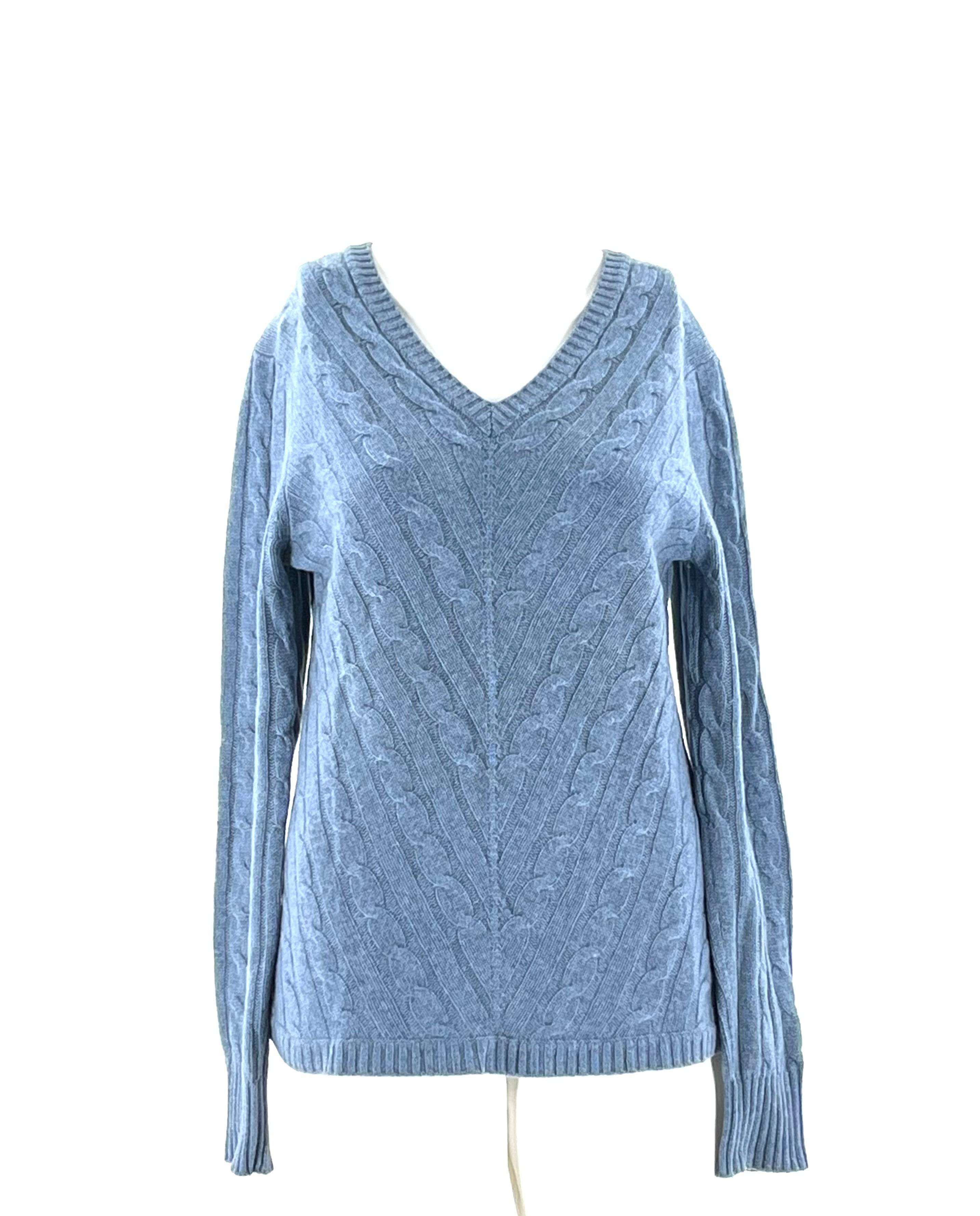 For The Republic Cashmere Blue Sweater Size Large V-Neck Ribbed & Braided Fabric - TheRealThreads