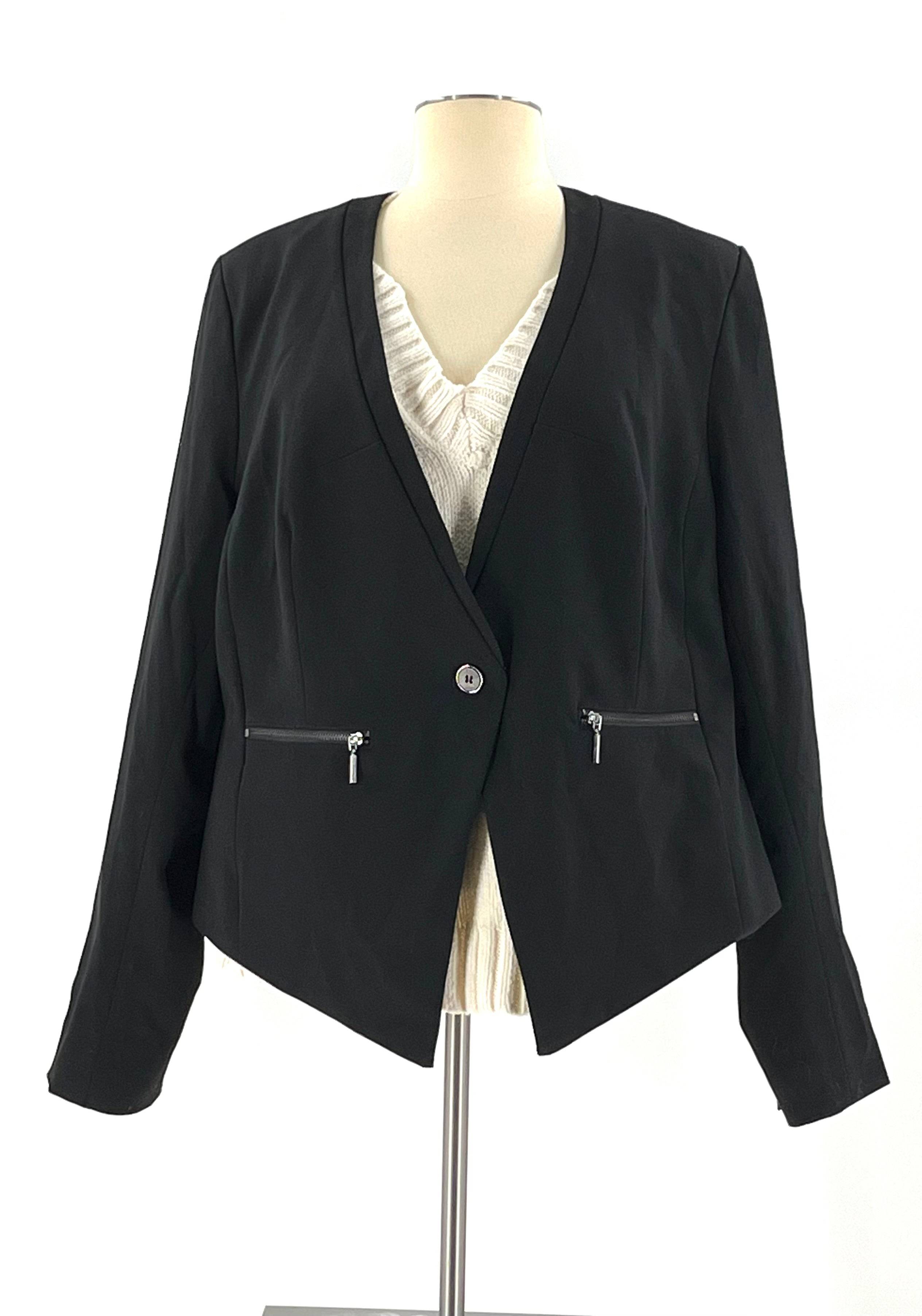 Womens Lane Bryant Blazer Size 16 Black Jacket One Button Closure 2 Front Zipper - TheRealThreads