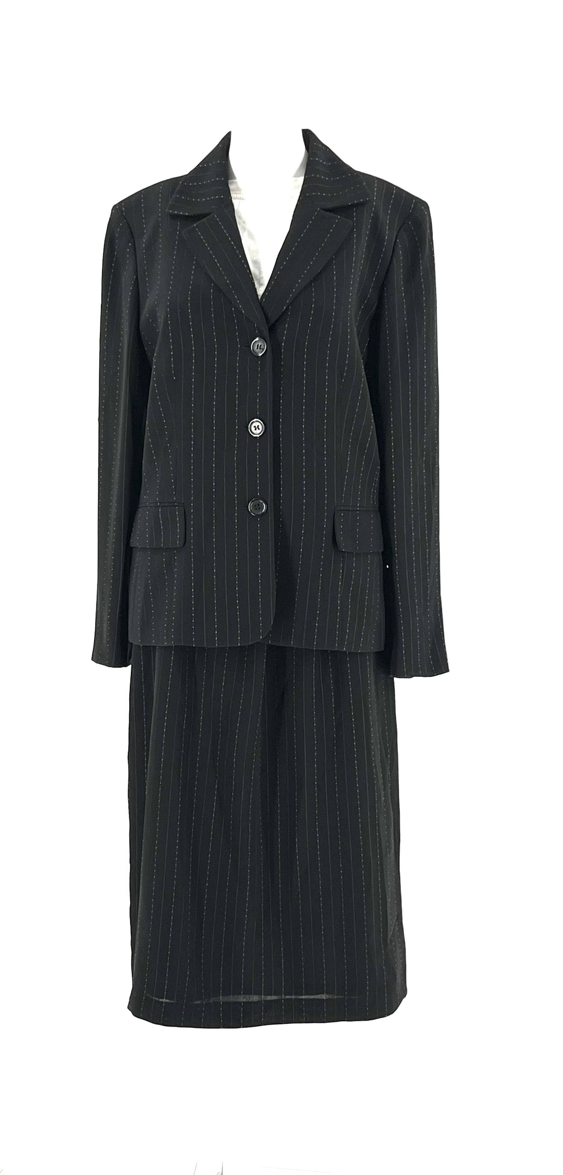 Womens 2 Piece Suit Jacket And Skirt Size 14 Black With White Pin Stripes By Kasper Classics - TheRealThreads