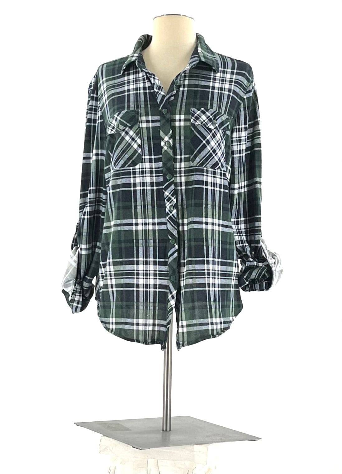 Button Up Shirt Size 1X Light Weight Flannel Plaid Black Dark Green & White By Love Potion - TheRealThreads