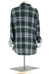 Button Up Shirt Size 1X Light Weight Flannel Plaid Black Dark Green & White By Love Potion - TheRealThreads