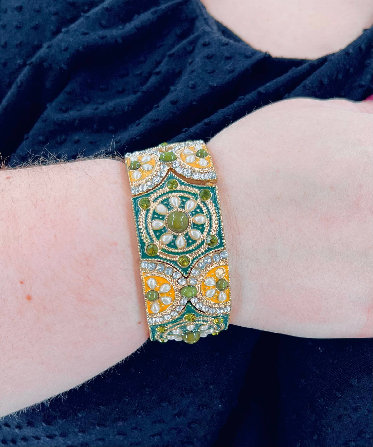 Green and Gold Cut Crystal and Resin Stretch Bracelet By Lia Sofia NEW! - RealThreads